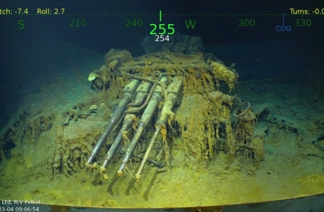 An antiaircraft gun from the wreckage of the USS Lexingon, a U.S. Navy carrier that was sunk during the Battle of Coral Sea in World War II. Credit: Navigea Ltd.