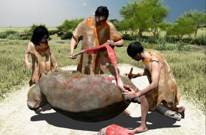 3D rendering of a prehistoric butchery event featuring three early humans processing a large animal carcass in a grassy landscape