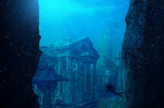 A scuba diver discovers the lost city of Atlantis conceptual theme