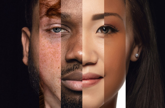 Human face made from different portrait of men and women of diverse age and race. Combination of faces. Humanity. Concept of social equality, human rights, freedom, diversity, acceptance
