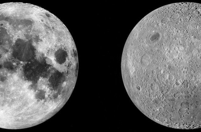 Near side of the moon (left) with large, flat plains represented by dark shapes. Far side of the moon appears (right) contains more craters
