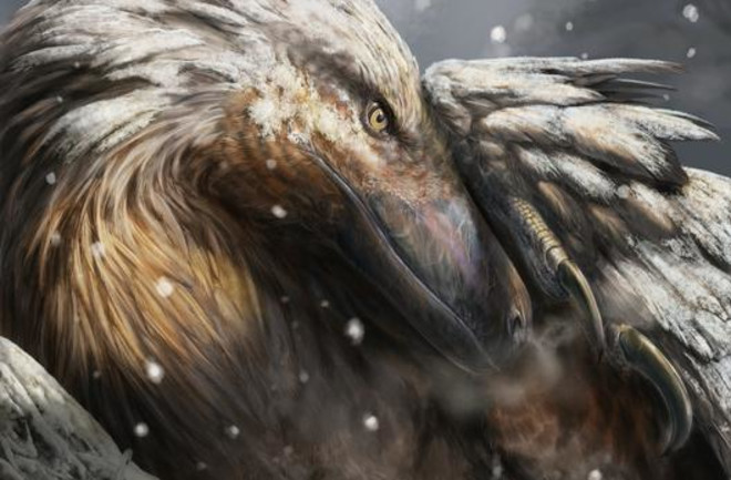 A feathered dinosaur protects its eggs in a nest amidst falling snow. Its brown and gray plumage suggests adaptations for cold climates, indicative of evolutionary traits for migration and survival