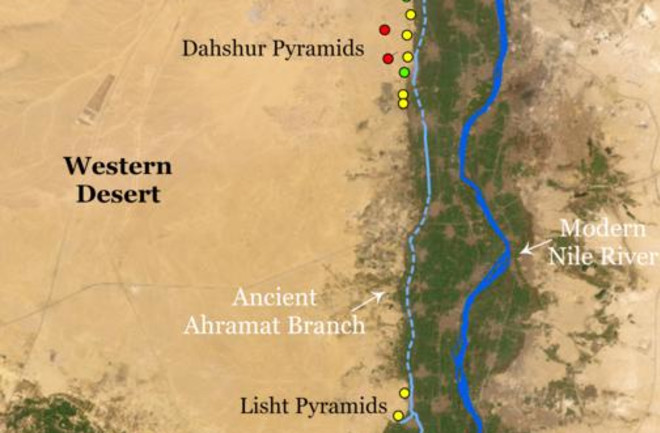 Map of Egypt showing the Nile River with key locations of major pyramids and annotations for pyramid ages and styles