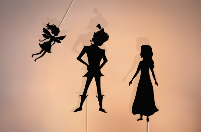 shadow puppet of peter pan and wendy and tinkerbell