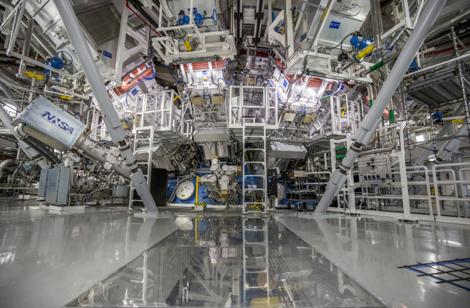 The target chamber of LLNL’s National Ignition Facility, where 192 laser beams delivered more than 2 million joules of ultraviolet energy to a tiny fuel pellet to create fusion ignition