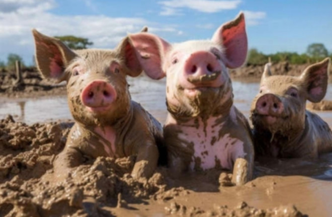 three pigs sitting in mud